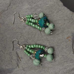 Dangling Cluster Ocean Beaded Earrings with Handmade Beads and Pearls - OOAK